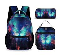 WECECE Butterfly Book Pack with Lunch Bag and Pencil Case for Kids Age 10, Bookbag with Pencil Case and Lunch Bag Year 4-6 for Boys Back to School Gift Learning Essentials