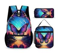 WECECE Butterfly Bookbag Set with Lunch Tote and Pencil Case for Boys 10-12 Years, Butterfly School Backpack 3 Piece Set Year 1 for Boys Family Trips Outdoor Activities and Student Carry