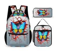 WECECE Butterfly School Backpack 3 Piece Set for Children Age 7, 3D Schoolbag with Lunch Tote and Pencil Case Year 4-6 for Girls Back to School Gift and Learning Essentials