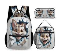 WECECE Cat Backpack with Lunch Box Pencil Case for Girls Age 12, Kitten 3D Theme Book Pack 3 Piece Set Year 3-5 for Primary Students Sports Clubs Holiday Travel and Daily Carry