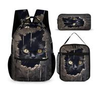 WECECE Cat Black School Bag School Supplies Bundle for Boys Age 6, 3D Kitten Book Pack with Pencil Case and Lunch Bag Year 3 for Boys Family Trips Outdoor Activities and Student Carry