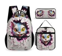 WECECE Cat Bookbag 3 Piece Set for Students Age 9, Kitten 3D Theme Book Pack with Lunch Box Pencil Case Year 5 for Primary Students Birthday Gift School Supplies and Travel Use