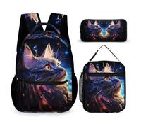 WECECE Cat Bookbag Set with Lunch Tote and Pencil Case for Boys Age 8, Kitten Animal Bookbag 3 Piece Set Year 7 for Boys Camping Holidays Outdoor Activities and Learning Sessions