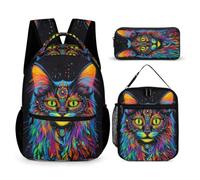 WECECE Cat Colorful Bookbag 3 Piece Set for Students 7-9 Years, Kitten Animal Backpack with Lunch Box Pencil Case Year 3-5 for Boys Family Trips Outdoor Activities and Student Carry