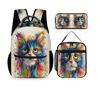 WECECE Cat School Bag 3 Piece Set for Students 8-10 Years, Animal Kitten Backpack School Supplies Bundle Year 5-7 for Boys Daily Study Classroom Lessons and Travel Activities