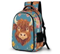 WECECE Cattle Flowers Motif Daypack Fashion Backpack Kids Age 7-11 Highland Cow Bookbag Students Secondary School Rucksack for Students 15.6 Inch Laptop Backpack Daily Use