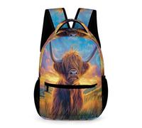 WECECE Cattle Print School Bag Students for Boys Age 6 Highland Cow Bookbag for Girls Years 1-2 Lightweight Printed Daypack Front Pocket Side Pockets Spring Outing Travel
