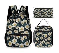WECECE Chamomile Daisy School Backpack 3 Piece Set for Girls 10-12 Years, Flower Bookbag with Lunch Box Pencil Case Year 7 for Boys Camping Holidays Outdoor Activities and Learning Sessions