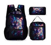 WECECE Cheetah School Bag Set with Lunch Tote and Pencil Case for Kids 8-10 Years, Leopard Animal Backpack 3 Piece Set Year 1 for Girls Travel Activities Daily Carry and Outdoor Adventures