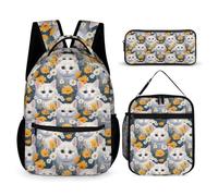 WECECE Cute Cat Daisy Book Pack with Lunch Bag and Pencil Case for Kids Age 10, Flower Bookbag with Pencil Case and Lunch Bag Year 4-6 for Boys Back to School Gift Learning Essentials