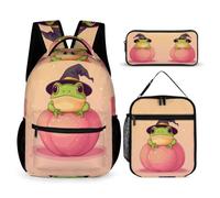 WECECE Cute Frog School Bag 3 Piece Set for Students Age 9, Animal Backpack School Supplies Bundle Year 4 for Primary Students Sports Clubs Holiday Travel and Daily Carry