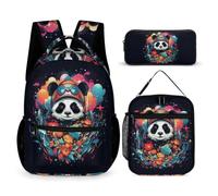 WECECE Cute Panda Backpack Set with Pencil Case and Lunch Bag for Boys Age 11, Animal Theme Bookbag 3 Piece Set Year 5 for Boys Family Trips Outdoor Activities and Student Carry