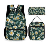 WECECE Daisy Backpack with Lunch Box Pencil Case for Girls Age 12, Flower Book Pack 3 Piece Set Year 3-5 for Primary Students Sports Clubs Holiday Travel and Daily Carry