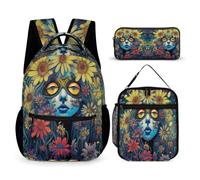 WECECE Daisy Book Pack 3 Piece Set for Boys 6-8 Years, Plant Theme School Bag with Lunch Tote and Pencil Case Year 4-6 for Boys Family Trips Outdoor Activities and Student Carry
