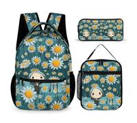 WECECE Daisy Bookbag 3 Piece Set for Students 7-9 Years, Flower Backpack with Lunch Box Pencil Case Year 3-5 for Boys Family Trips Outdoor Activities and Student Carry