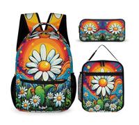 WECECE Daisy Bookbag 3 Piece Set for Students 7-9 Years, Plant Theme Backpack with Lunch Box Pencil Case Year 3-5 for Boys Family Trips Outdoor Activities and Student Carry