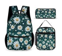 WECECE Daisy Bookbag 3 Piece Set for Students Age 9, Flower Book Pack with Lunch Box Pencil Case Year 5 for Primary Students Birthday Gift School Supplies and Travel Use