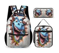 WECECE Dinosaur Backpack with Lunch Box Pencil Case for Children Age 10, 3D Animal Theme Book Pack 3 Piece Set Year 7 for Girls Daily Study Classroom Lessons and Travel Activities