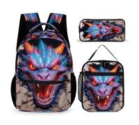 WECECE Dinosaur Bookbag Set with Lunch Tote and Pencil Case for Boys Age 8, 3D Pattern Bookbag 3 Piece Set Year 7 for Boys Camping Holidays Outdoor Activities and Learning Sessions