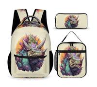 WECECE Dinosaur School Bag Set with Pencil Case and Lunch Bag for Kids Age 11, Animal Print Book Pack 3 Piece Set Year 1-2 for Girls Family Trips Outdoor Activities and Student Carry