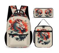 WECECE Dragon Backpack with Lunch Box Pencil Case for Kids Age 7, Bookbag 3 Piece Set Year 4 for Young Learners School Journeys Learning Sessions and Holiday Travel