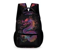 WECECE Dragon Print School Bag for Boys 7-11 Years Chinese Style Daypack for Girls Years 1-2 Primary Kids Lightweight Rucksack Front Pocket Side Pockets Class Daily Use