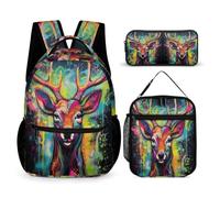 WECECE Elk Bookbag School Supplies Bundle for Kids Age 11, Animal Deer Book Pack with Pencil Case and Lunch Bag Year 5-7 for Girls Family Trips Outdoor Activities and Student Carry