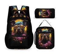 WECECE French Bulldog Bookbag 3 Piece Set for Students Age 9, Dog Animal Book Pack with Lunch Box Pencil Case Year 5 for Primary Students Birthday Gift School Supplies and Travel Use