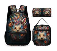 WECECE Hedgehog Book Pack with Lunch Bag and Pencil Case for Boys Age 11, Animal Print Backpack 3 Piece Set Year 3 for Primary Students Family Trips Outdoor Activities and Student Carry