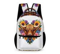 WECECE Highland Cattle Motif Daypack Primary for Boys Girls Age 8 Flowers School Bag Year 3 Lightweight with Side Pockets Bookbag Daily Items Travel Outdoor Daily Use