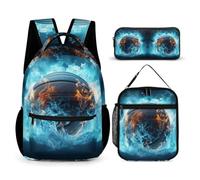 WECECE Ice and Fire Basketball Backpack with Lunch Box Pencil Case for Boys Age 7, Basketball Bookbag with Lunch Tote and Pencil Case Year 5 for Boys Back to School Gift Learning Essentials