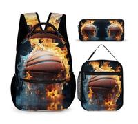 WECECE Ice and Fire Basketball Book Pack 3 Piece Set for Boys 6-8 Years, Basketball School Bag with Lunch Tote and Pencil Case Year 4-6 for Boys Family Trips Outdoor Activities Student Carry