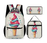 WECECE Ice Cream Pattern Backpack with Lunch Box Pencil Case for Kids Age 7, Food Print Bookbag 3 Piece Set Year 4 for Young Learners School Journeys Learning Sessions and Holiday Travel