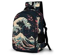 WECECE Japanese Style Backpack School Bags for Girls Boys,Durable Casual Basic Wave Printed Backpack for Students Teenage Satchel Heavy Duty