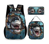 WECECE Killer Whale Book Pack School Supplies Bundle for Students Age 8, 3D Theme Schoolbag with Lunch Box Pencil Case Year 3-5 for Girls Back to School Gift and Learning Essentials