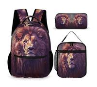 WECECE Lion Book Pack 3 Piece Set for Girls 6-8 Years, Lions Animal King School Bag with Pencil Case and Lunch Bag Year 4-6 for Young Learners Sports Clubs Holiday Travel and Daily Carry