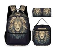 WECECE Lion Bookbag 3 Piece Set for Students 7-9 Years, Lions Animal King Backpack with Lunch Box Pencil Case Year 3-5 for Boys Family Trips Outdoor Activities and Student Carry