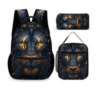 WECECE Lion Bookbag Set with Lunch Tote and Pencil Case for Boys Age 8, Lions Animal King Bookbag 3 Piece Set Year 7 for Boys Camping Holidays Outdoor Activities and Learning Sessions