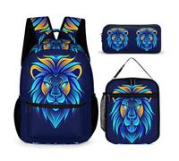 WECECE Lion Bookbag Set with Pencil Case and Lunch Bag for Boys Age 10, Lions Animal King Book Pack 3 Piece Set Year 2-4 for Young Learners Family Trips Outdoor Activities and Student Carry