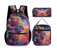 WECECE Lion Motif Bookbag 3 Piece Set for Children 10-12 Years, Animal King Backpack with Lunch Box Pencil Case Year 7 for Primary Students Sports Clubs Holiday Travel and Daily Carry