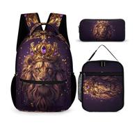 WECECE Lion School Backpack 3 Piece Set for Girls 8-10 Years, Lions Animal King Bookbag School Supplies Bundle Year 6 for Primary Students Family Trips Outdoor Activities and Student Carry