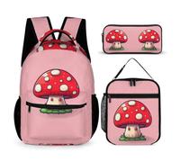 WECECE Mushroom Backpack 3 Piece Set for Kids Age 6, Plant Theme School Bag with Pencil Case and Lunch Bag Year 1 for Primary Students Daily Study Classroom Lessons and Travel Activities