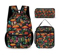 WECECE Mushroom Backpack with Lunch Box Pencil Case for Boys 7-9 Years, Plant Theme Backpack 3 Piece Set Year 5-7 for Girls Family Trips Outdoor Activities and Student Carry