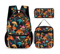 WECECE Mushroom Backpack with Lunch Box Pencil Case for Girls Age 12, Plant Theme Book Pack 3 Piece Set Year 3-5 for Primary Students Sports Clubs Holiday Travel and Daily Carry
