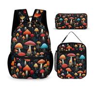WECECE Mushroom School Backpack 3 Piece Set for Children Age 7, Plant Theme Schoolbag with Lunch Tote and Pencil Case Year 4-6 for Girls Back to School Gift and Learning Essentials