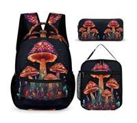 WECECE Mushroom School Bag 3 Piece Set for Students Age 9, Plant Theme Backpack School Supplies Bundle Year 4 for Primary Students Sports Clubs Holiday Travel and Daily Carry