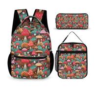 WECECE Mushroom School Bag Set with Pencil Case and Lunch Bag for Kids Age 11, Plant Theme Book Pack 3 Piece Set Year 1-2 for Girls Family Trips Outdoor Activities and Student Carry