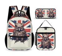 WECECE Owl Backpack School Supplies Bundle for Children 8-10 Years, National Flag Theme Backpack with Pencil Case and Lunch Bag Year 7 for Boys Sports Clubs Holiday Travel and Daily Carry