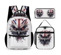 WECECE Owl Book Pack with Lunch Bag and Pencil Case for Kids Age 10, National Flag Theme Bookbag with Pencil Case and Lunch Bag Year 4-6 for Boys Back to School Gift Learning Essentials