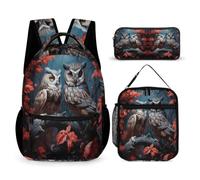 WECECE Owl Bookbag with Lunch Box Pencil Case for Children Age 9, Bird Theme School Backpack 3 Piece Set Year 3-5 for Primary Students Sports Clubs Holiday Travel and Daily Carry